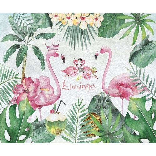 Моющиеся виниловые фотообои GrandPiK Королевские фламинго и тропические листья детские, 350х290 см
