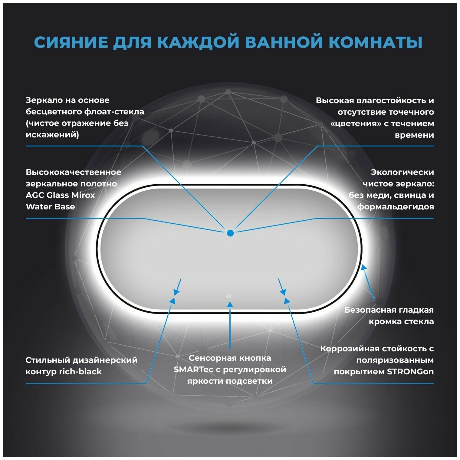 Настенное зеркало в ванную с подсветкой для макияжа Wellsee 7 Rays' Spectrum 172201650 : влагостойкое зеркало 120х60 см с черным матовым контуром - фотография № 3