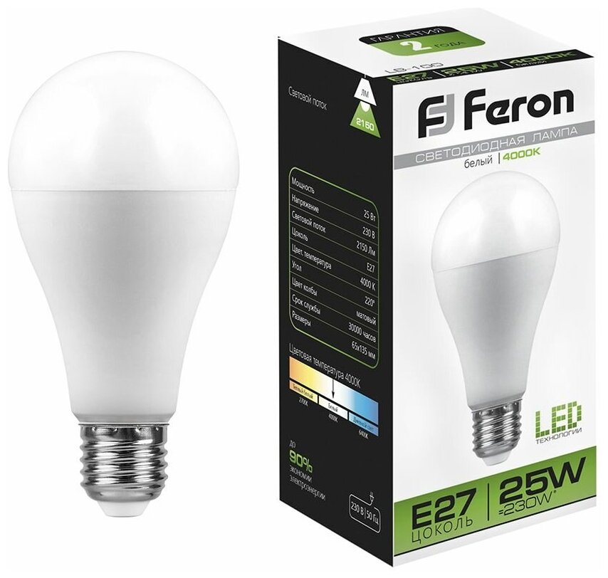 25791 Лампа светодиодная Feron 25W=230W 230V E27 Груша A65 2150Лм Ra>80 4000К, упаковка 1шт