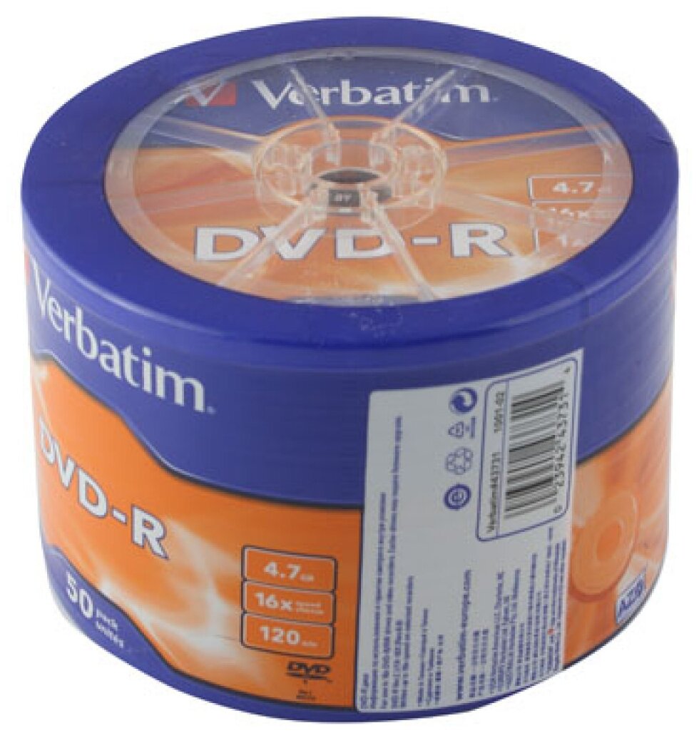 Диск Dvd-r Verbatim 4,7Gb 16x Cake Box (50шт) [43788] .
