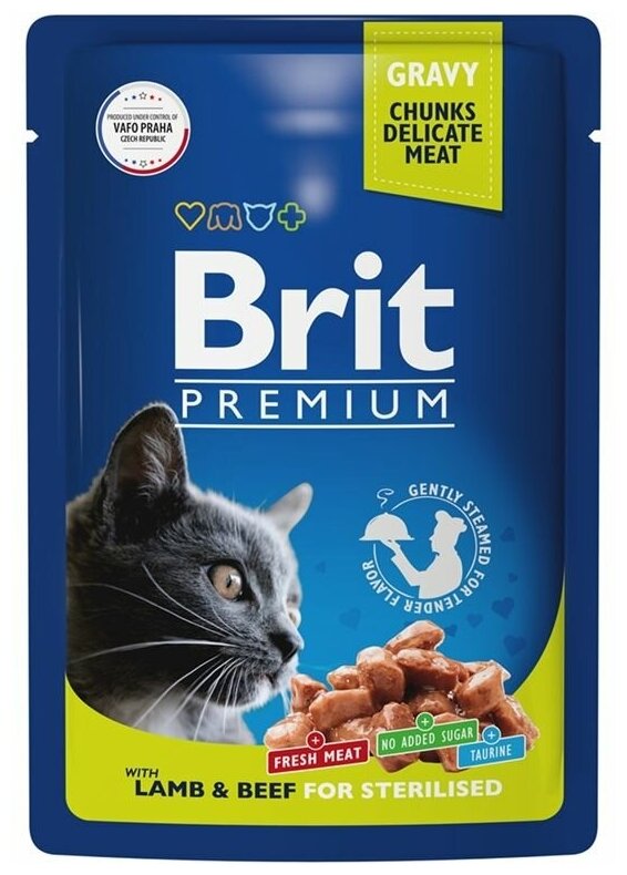 Пауч Brit Premium для взрослых стерилизованных кошек ягненок и говядина в соусе 85г
