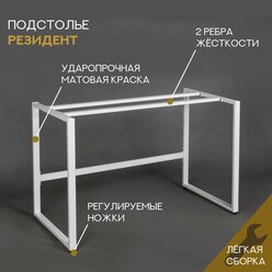 Подстолье металлическое резидент 118х57х75,5 см, подстолье для стола из металла в стиле лофт белое матовое