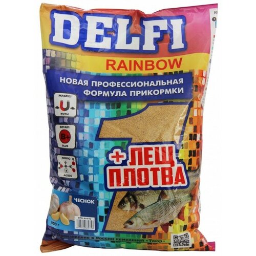 прикормка delfi зимняя ice ready увлажненная лещ плотва какао корица коричневая 500 г Прикормка DELFI Rainbow, лещ-плотва, чеснок, желтая, 800 г