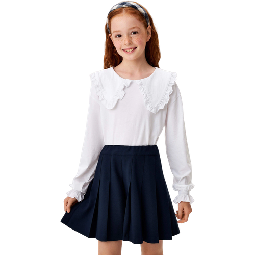 Школьная блуза Sela, прямой силуэт, на пуговицах, длинный рукав, манжеты, трикотажная, однотонная, размер 140, белый