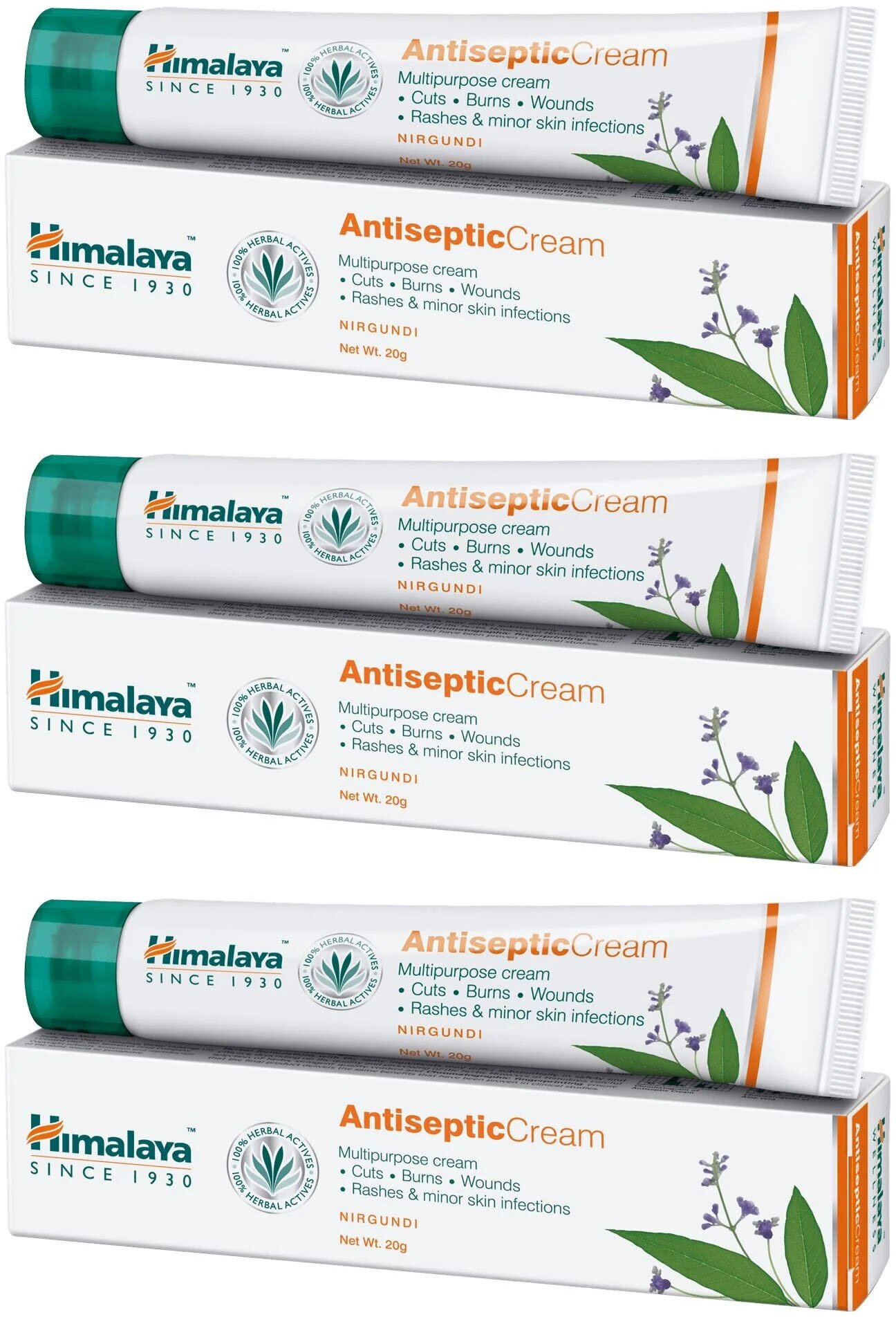 Крем Антисептический Хималая (Antiseptic Cream Himalaya), для ухода за порезами, ранами, ожогами, сыпью, язвами, 3х20 г.