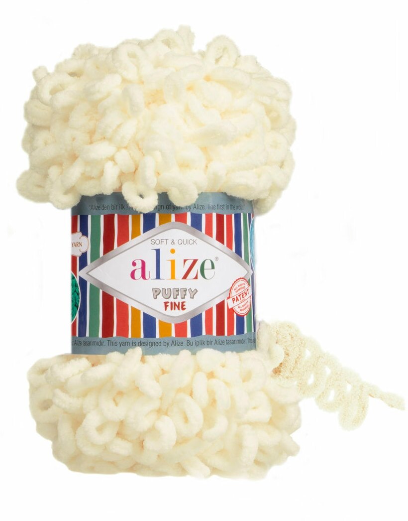 Пряжа для вязания ALIZE 'Puffy Fine', 100г, 14,5м (100% микрополиэстер) (62 светло-молочный), 5 мотков