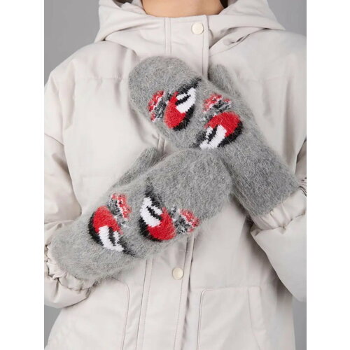 фото Варежки снежно зимние, шерсть, вязаные, размер 6-8, серый, красный