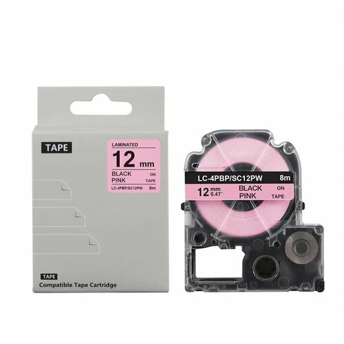 кассета с лентой для печати этикеток byz lc 4lbp sc12bw lk4lbp c53s654016 для принтеров epson серии label works kingjim sr ширина ленты 12мм Картридж BYZ LC-4PBP / SC12PW с термолентой для принтеров Epson, 12 мм, 8 м, черный на розовом