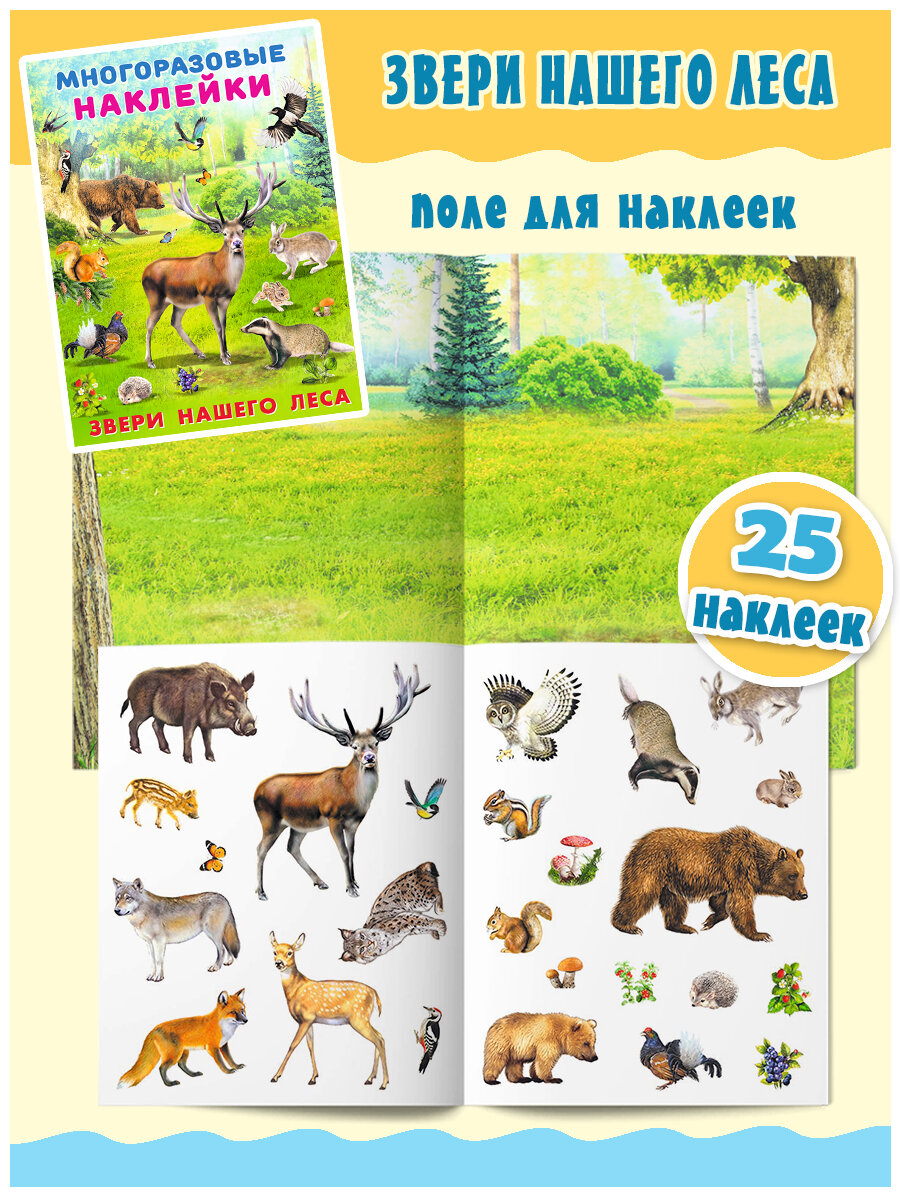 Многоразовые реалистичные наклейки для детей Издательство Фламинго Комплект из 4 книг: Звери нашего леса, Зоопарк, Летом у реки, Зимой в лесу