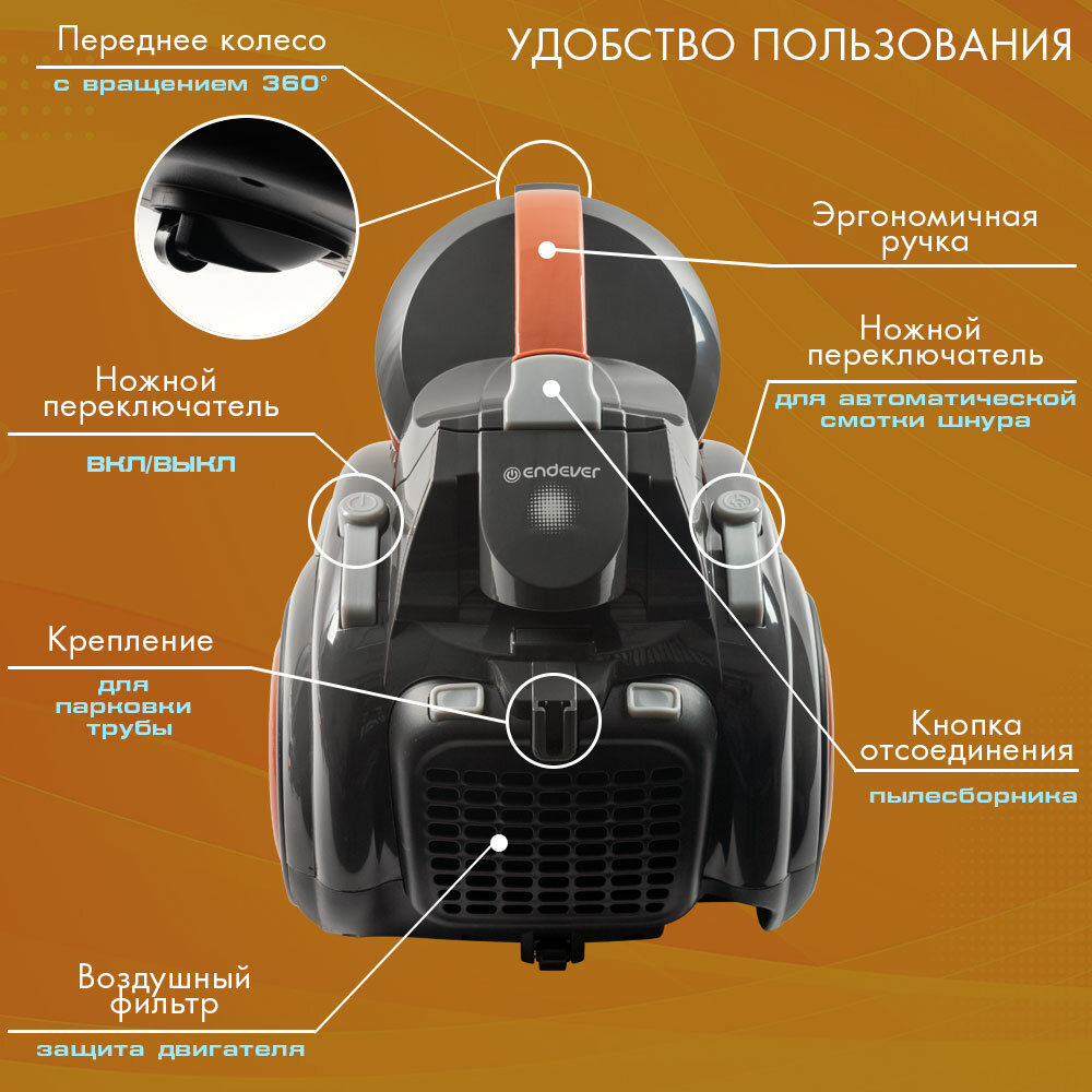 Пылесос для дома Endever VC-650 / 2400 Вт / мощность всасывания 450 Вт / шнур 5м