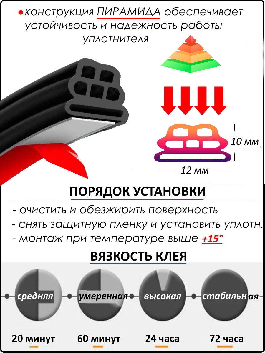 Уплотнитель автомобильных дверей 6 камер,5 метров, цвет черный на все марки авто — фото 1