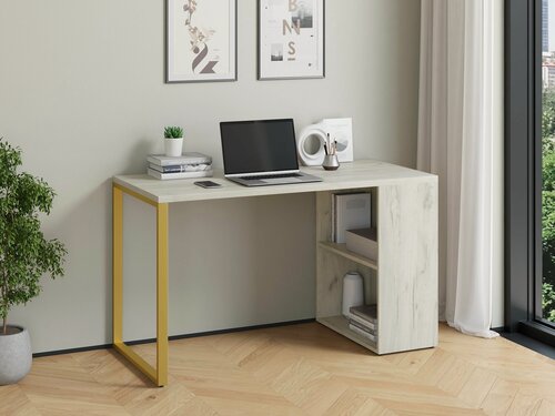 Изображение товара Стол учебный Айсберг Лофт Золотой с полками Дуб крафт белый.