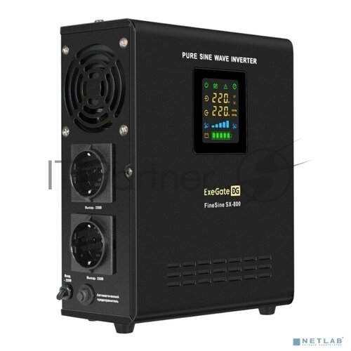 ExeGate FineSine SX-800. LCD. AVR.2SH <800VA/500W, чистая синусоида, цветной LCD-дисплей, AVR, 2*Schuko, линейно-интерактивный, внешняя батарея 12В до 200Ач (поставляется отдельно), Black> EX295996RUS