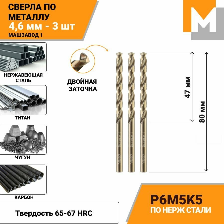 Сверло по металлу 4,6 мм - 3 шт. Р6М5К5 кобальтовое машзавод 1