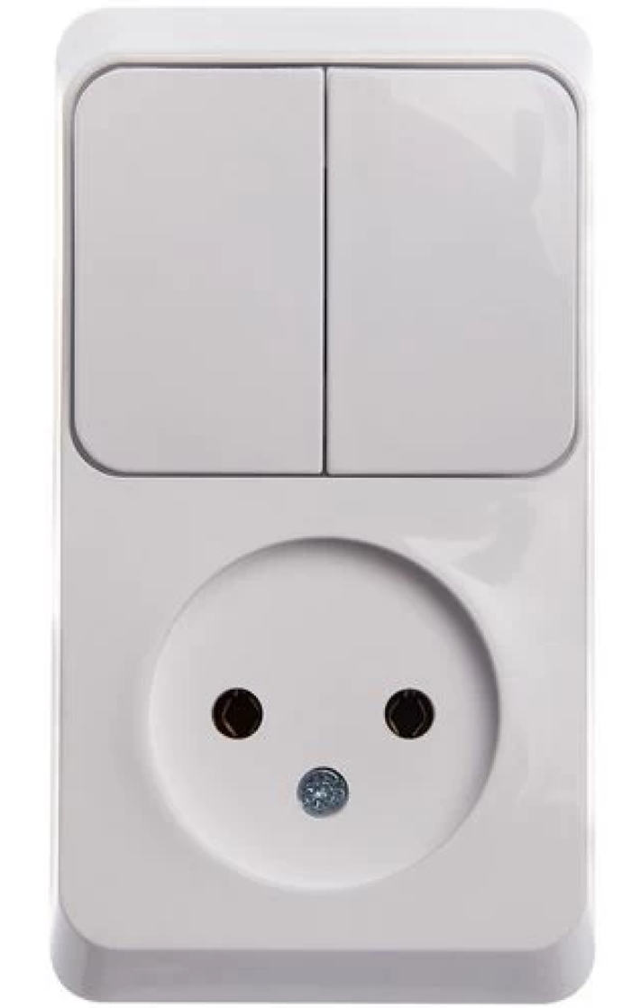 Блок Systeme Electric / Систем Электрик Этюд розетка и выключатель двухклавишный, без заземляющих контактов, из пластика белый, 250В, 10/16А, размером 50х113мм / электрика