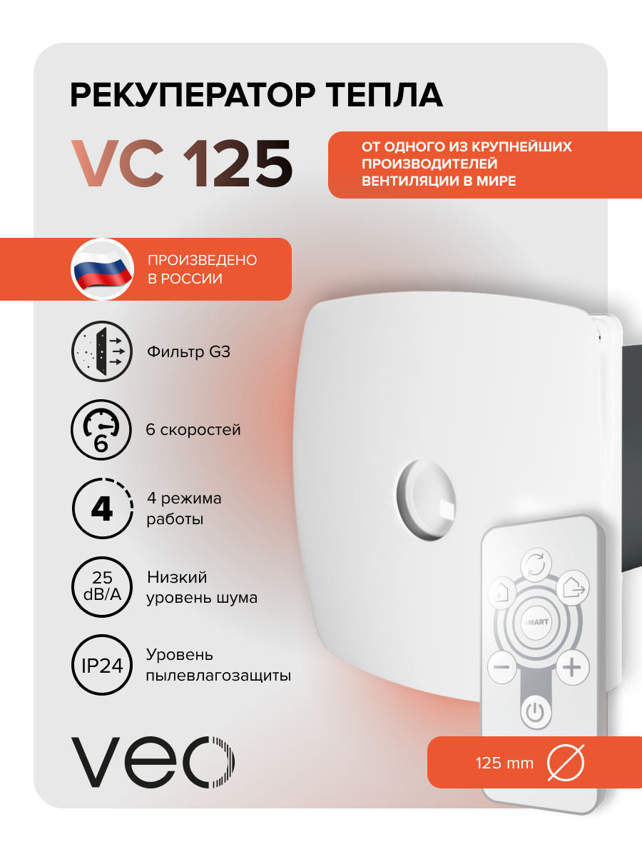 Рекуператор проветриватель VC 125 приток вытяжка рекуперация воздуха 6 скоростей до 63 м3/ч VEO