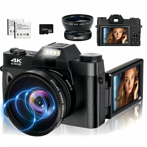 4K цифровая камера для фотографии и видео автофокус 16-кратный зум 48MP HD камера для влогов с Wi-Fi анти-шейкинг компактная видеокамера с 3-дюймовым экраном IPS поворачивающимся на 180 32 ГБ SD карта 2 аккумулятора 8100₽