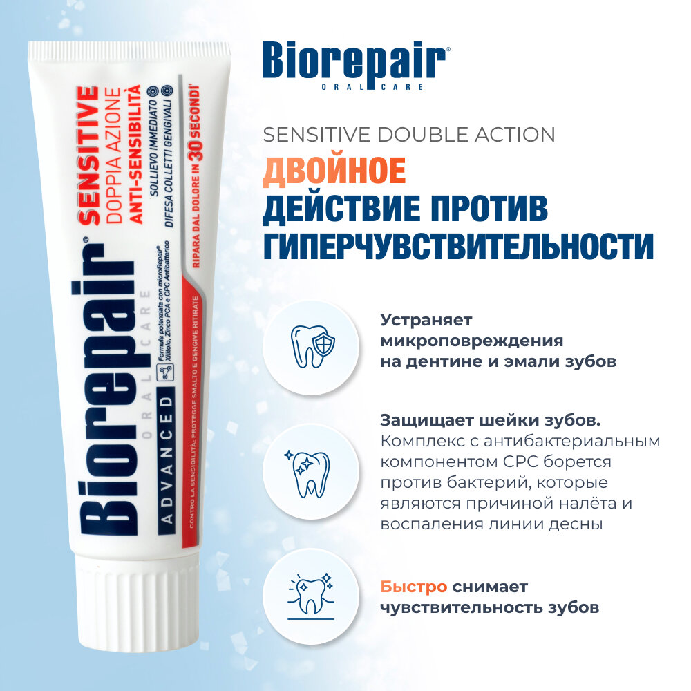 Зубная паста Biorepair Sensitive Double Action, против гиперчувствительности для чувствительных зубов, 75 мл — фото 1