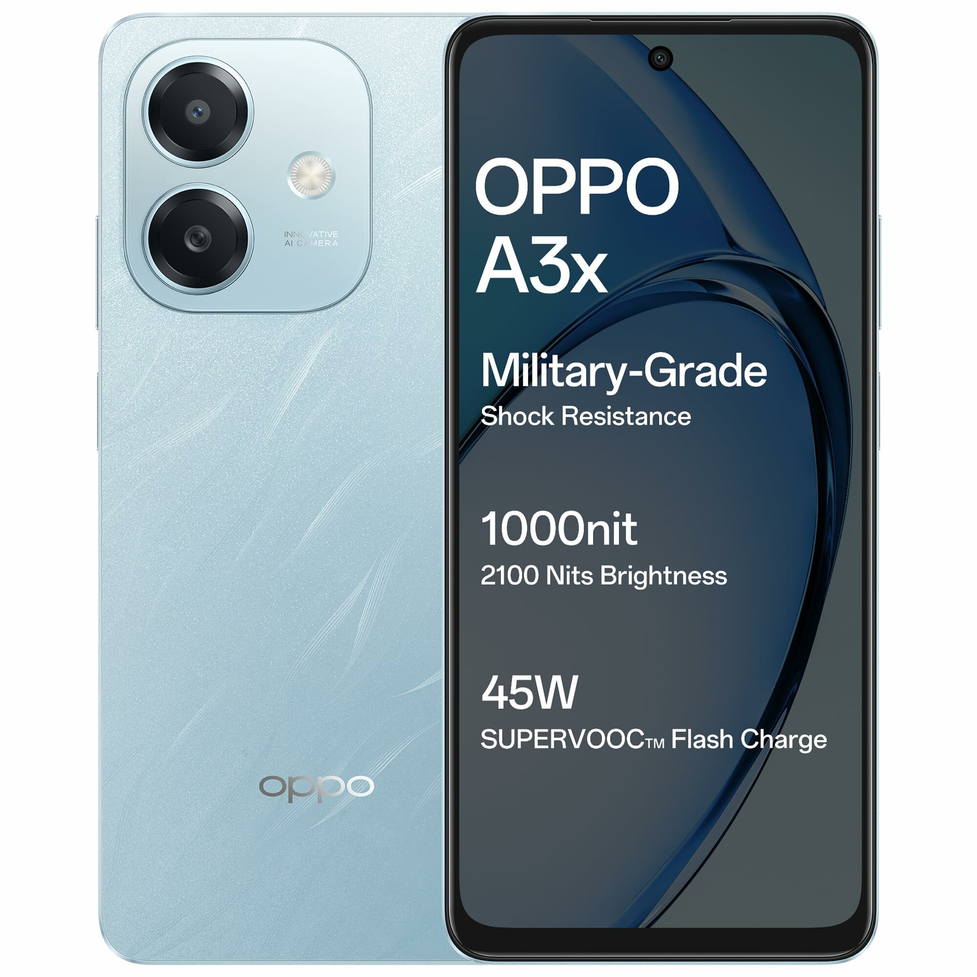 Смартфон OPPO A3x, экран смартфона имеет диагональ 6.67 и разрешение 1604 × 720 пикселей память 4ГБ/128ГБ голубого цвета
