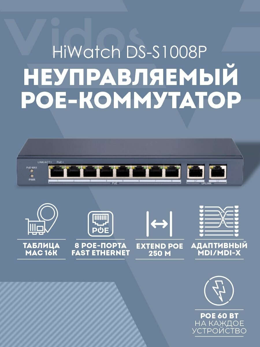 Коммутатор HiWatch DS-S1008P 8x100Mb 2G 8PoE+ 60W неуправляемый