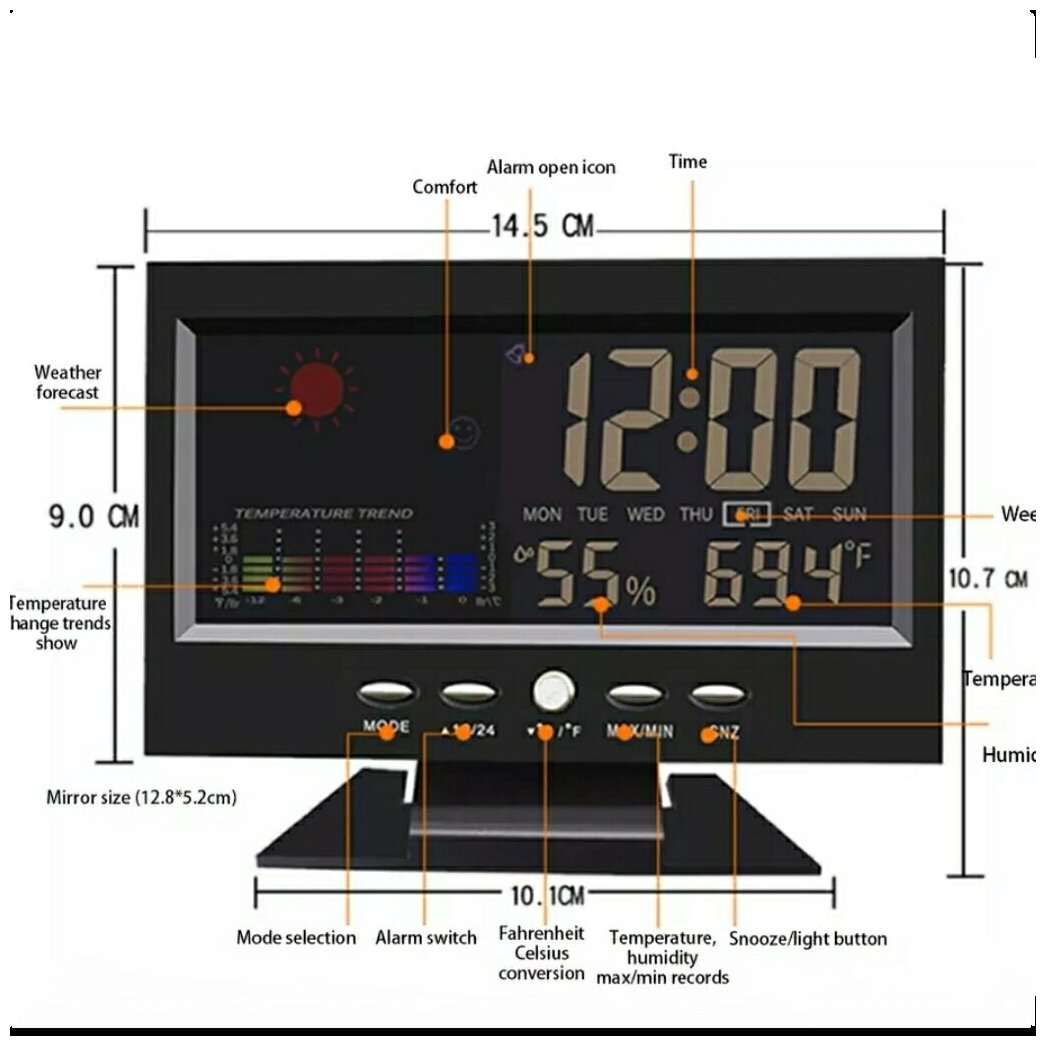 Часы электронные, метеостанция домашняя 5в1 COLOR SCREEN CALENDAR 8082T, термометр, гигрометр, часы, будильник, календарь - фотография № 9