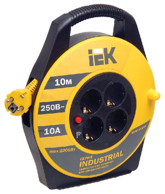 Удлинитель силовой IEK УК10 INDUSTRIAL 2200Вт 3x0,75 на катушке с заземлением четырехместный 10 метров IP20 желтый/черный