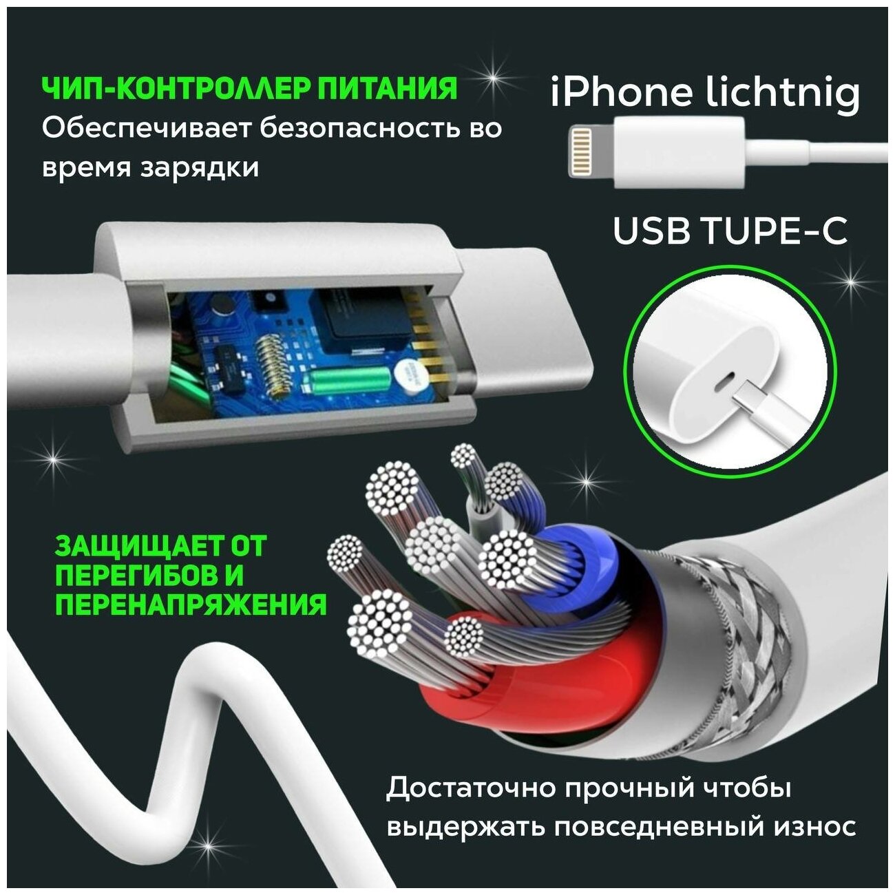 Кабель для быстрой зарядки айфона Apple Lightning – USB Type C 1 метр 5 ампер шнур для iPhone iPad iPod apple watch airpods