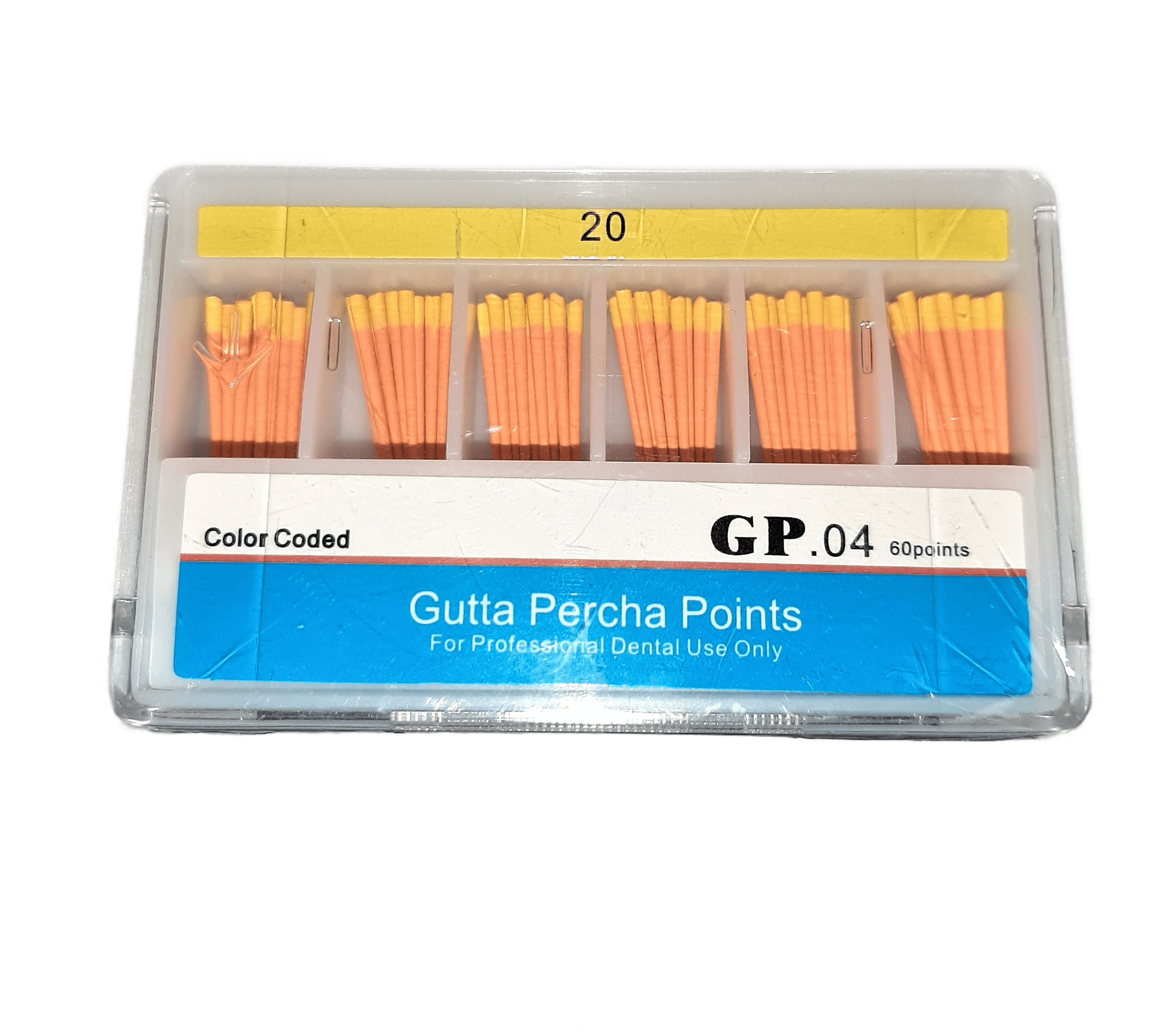 Штифты гуттаперчевые эндоканальные Gutta Percha Points (HAND ROLLED), конусность 04, размер 20,60 штук в упаковке.