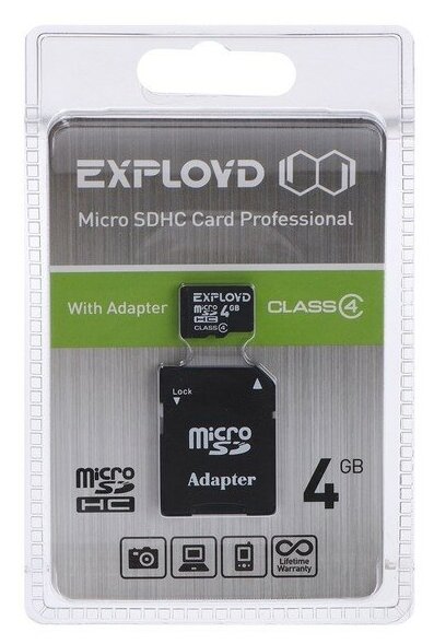 Exployd Карта памяти Exployd MicroSD, 4 Гб, SDHC, класс 4, с адаптером SD