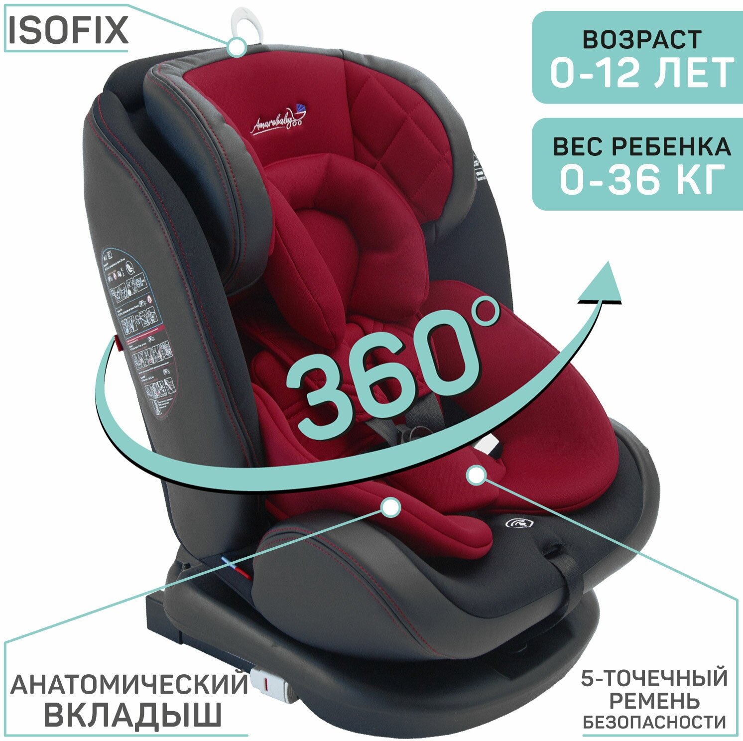 Автокресло детское AMAROBABY ST-3,Isofix класс D, группа 0+/1/2/3, (красный)