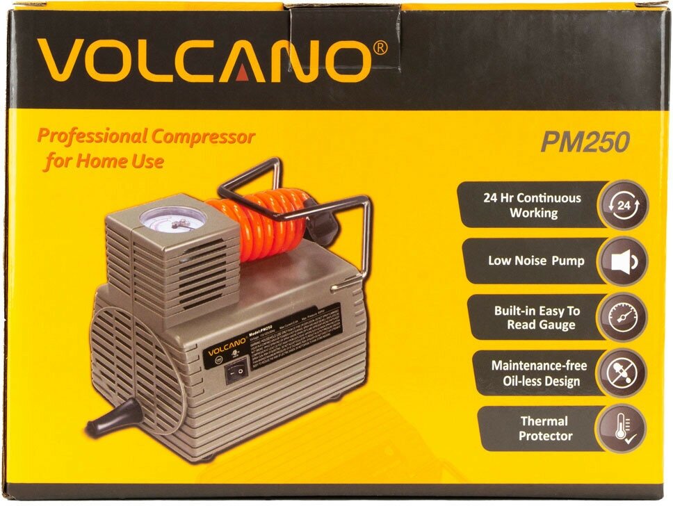 фото Компрессор электр. VOLCANO, PM250, 46,5 л/мин, 18х14х16 см, манометр, 3 иглы, 95Вт, сер
