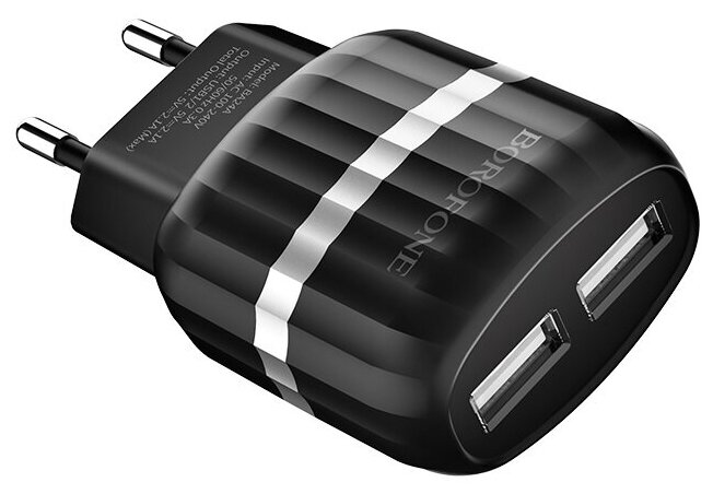 Блок питания сетевой 2 USB Borofone, BA24A, Vigour, 2400mA, пластик, кабель микро USB, цвет: чёрный