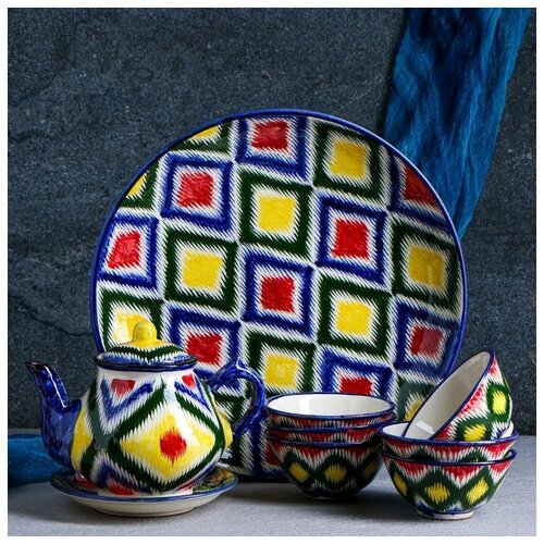 Набор чайный Риштанская керамика Атлас 1 9 предметов чайник 1л пиалы 03л микс 3124₽