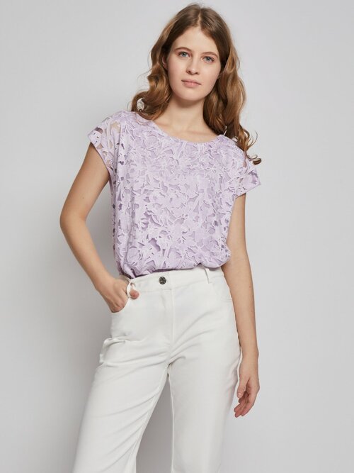 Блуза  Zolla, повседневный стиль, короткий рукав, подкладка, флористический принт, размер M, розовый, фиолетовый