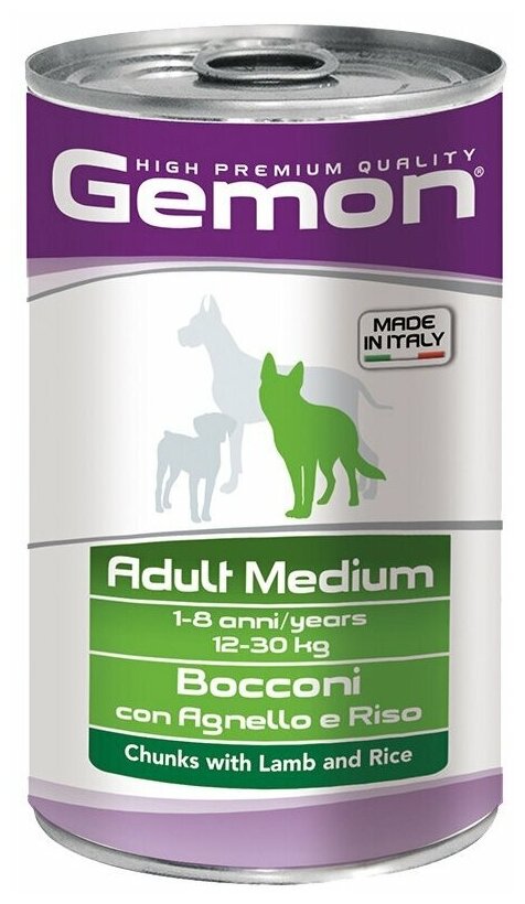 Gemon Dog Medium консервы для собак средних пород кусочки ягненка с рисом - 1250 гр х 12 шт