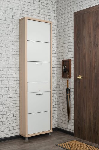 Изображение товара Обувница Ironnori Люкс Плюс, фасад белое стекло, 5 секций плюс ящик для мелочей, цвет дуб Молочный.