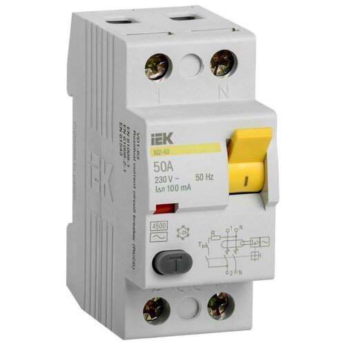 Выключатель дифференциального тока (УЗО) 2п 50А 100мА тип AC ВД1-63 IEK MDV10-2-050-100 узо iek mdv10 2 050 300 2п 50а 300ма вд1 63 ас