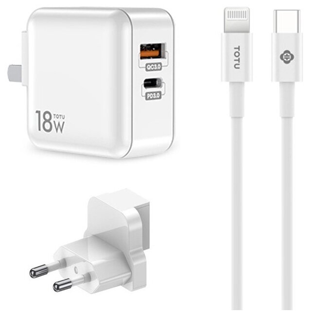 Зарядное устройство для телефона TOTU HTY-0902000 2*USB + Кабель USB-Type-C, 0.8A, 18W, белый