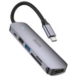 HUB адаптер HOCO HB28 6 in 1, Type-C to USB2.0 + USB 3.0 + Type-C (5-20V/3A) 60W + SD + Micro SD + HDMI 4K@30Hz, Серый - изображение