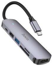 HOCO HB28 Концентратор -Хаб 6 в 1, USB 3.0, Type-C, Card Reader SD, Micro SD, HDMI серый металл, оригинал