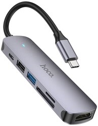 Type-C Adapter Hoco HB28 (HDTV+USB3.0+USB2.0+SD+TF+PD 60W) серый