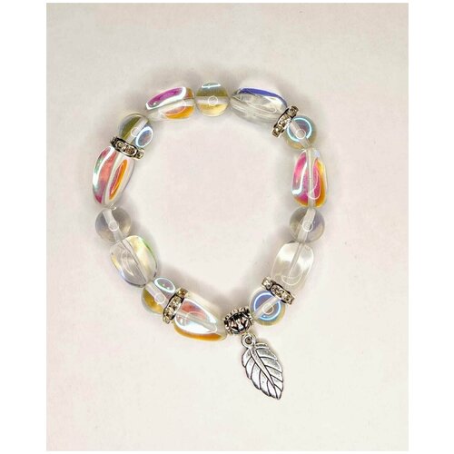 фото Браслет из синтетического опала. бусины-галтовка,8 мм. белые прозрачные. подвеска металлическая . ручная работа. р-р16-17 см. запястья. нет бренда