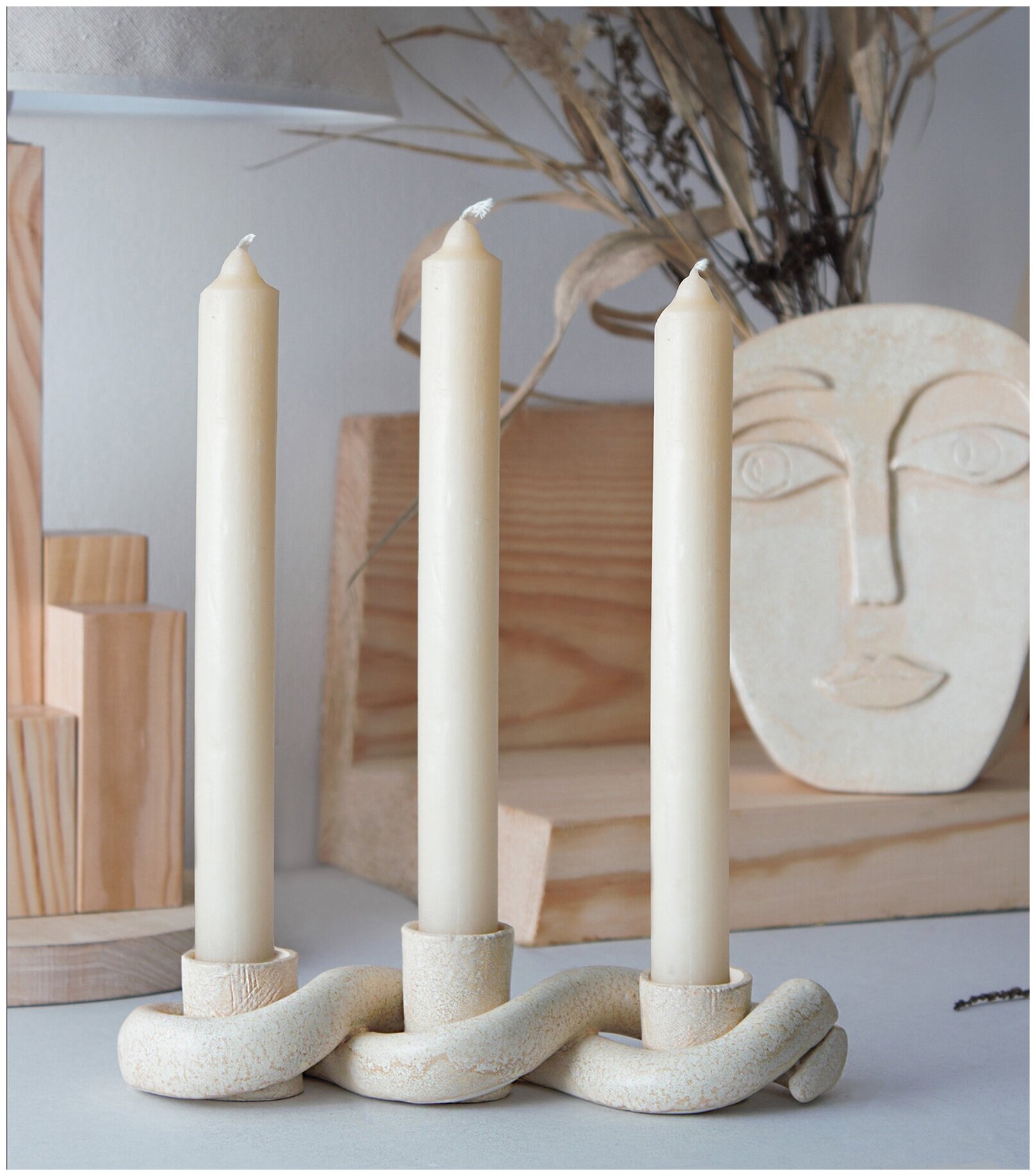 Керамический подсвечник на три свечи "Коса" песочный