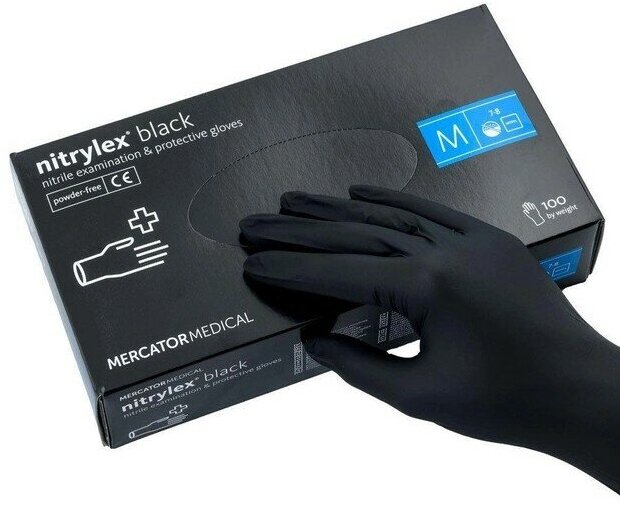 Перчатки нитриловые медицинские MERCATOR Medical Nitrylex Black, цвет: черные, размер M, 100 шт. (50 пар) 8 грамм нитрила пара