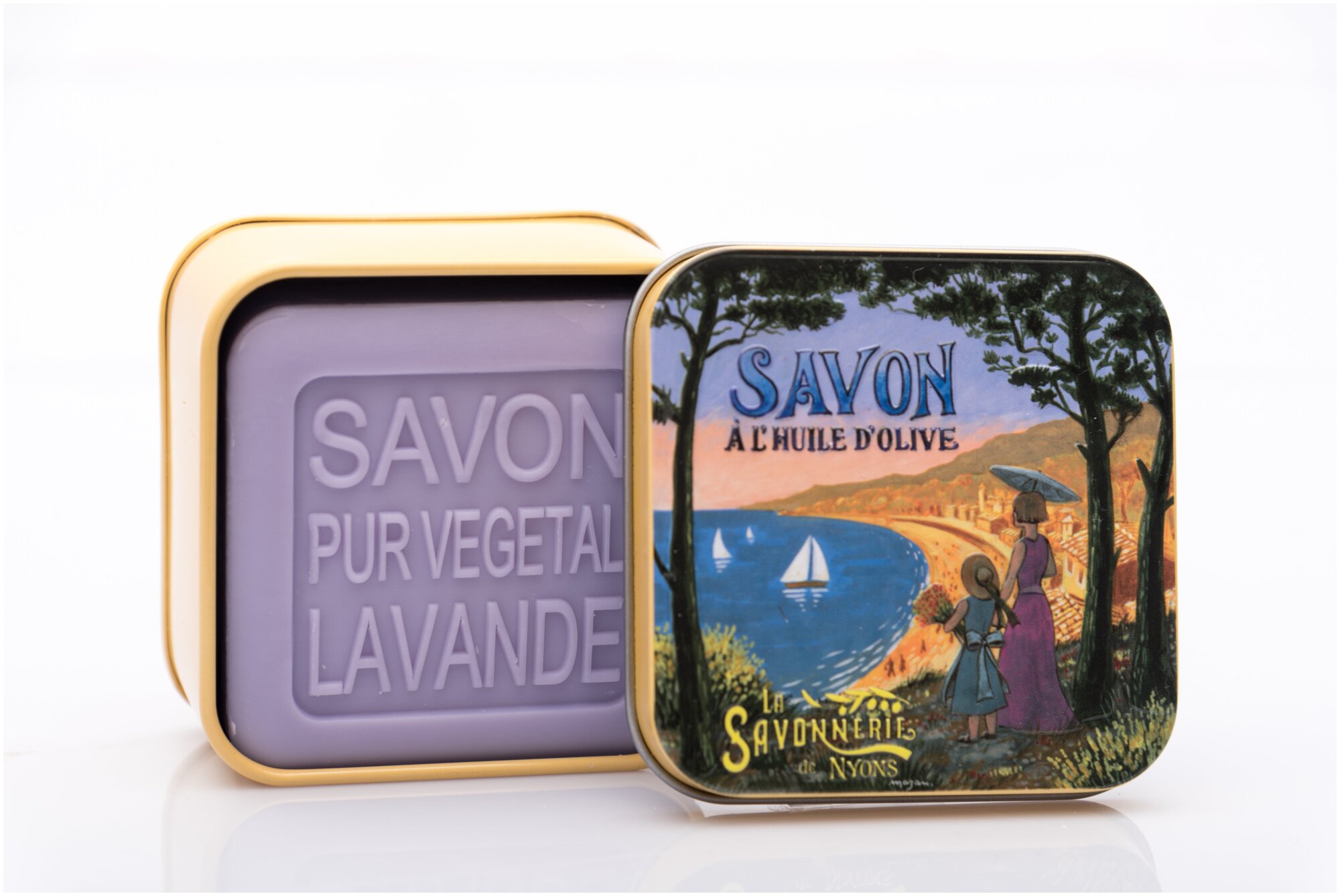Туалетное парфюмированное мыло: с лавандой в металлической коробке Лазурный берег 100 гр. (La Savonnerie de Nyons, Франция)