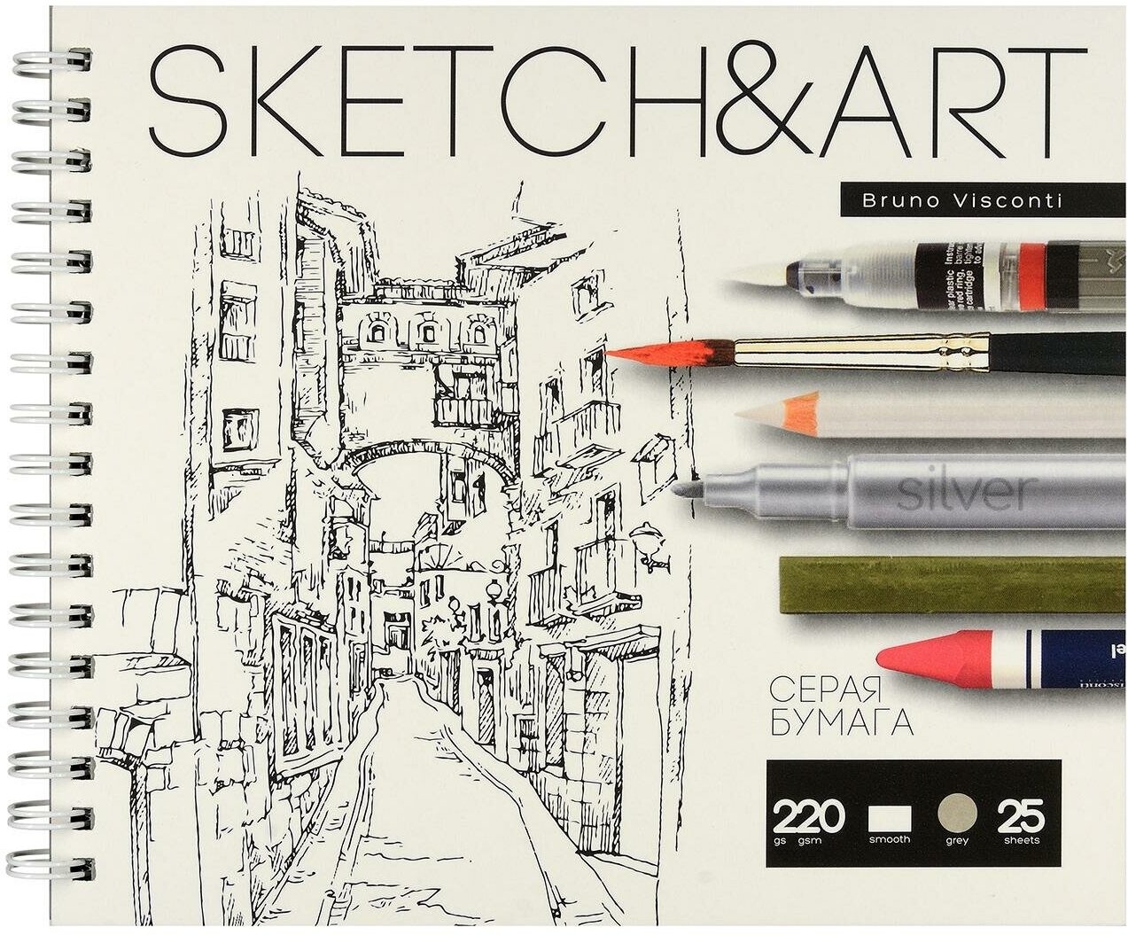 Скетчбук SKETCH&ART 180х155мм 25л серый 220г на гребне д/скетч 1-25-563/02