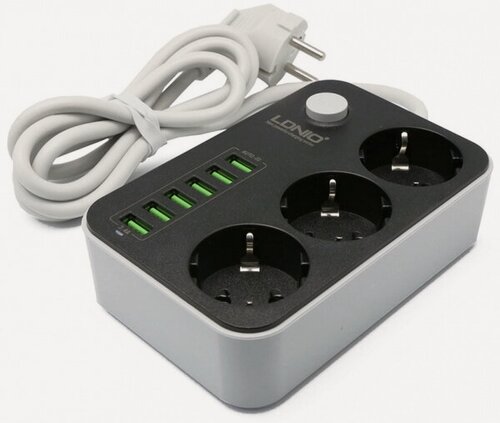 Изображение товара Сетевой фильтр LDNIO SE3631, 3 розетки EU + 6 USB Auto-ID 3.4A, Кабель 1.6 м, Черный+Серый