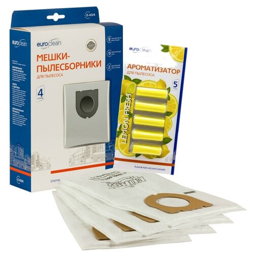 Мешки-пылесборники Euroclean синтетические 4 шт и ароматизатор "Лимон" для пылесоса DELONGHI XTCN 150 E