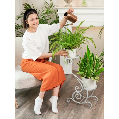 Подставка для цветов напольная высокая для двух цветов, стеллаж для растений, кованый, белый с серебром