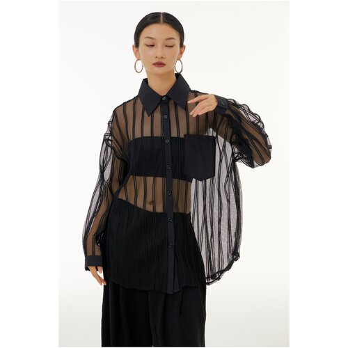 Блуза  Unicus, нарядный стиль, оверсайз, карманы, в полоску, размер 42-48, черный